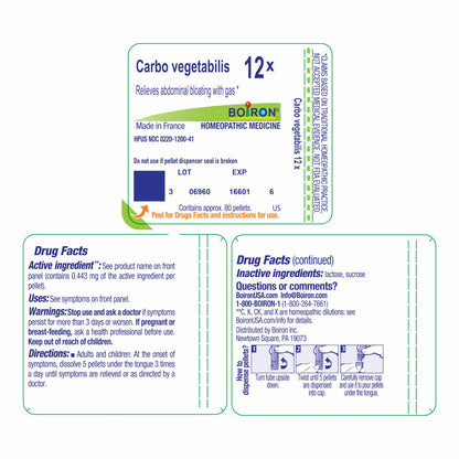 Boiron Carbo Vegetabilis 12C – Homeopathic Medicine for Bloating & Gas (80 Pellets)