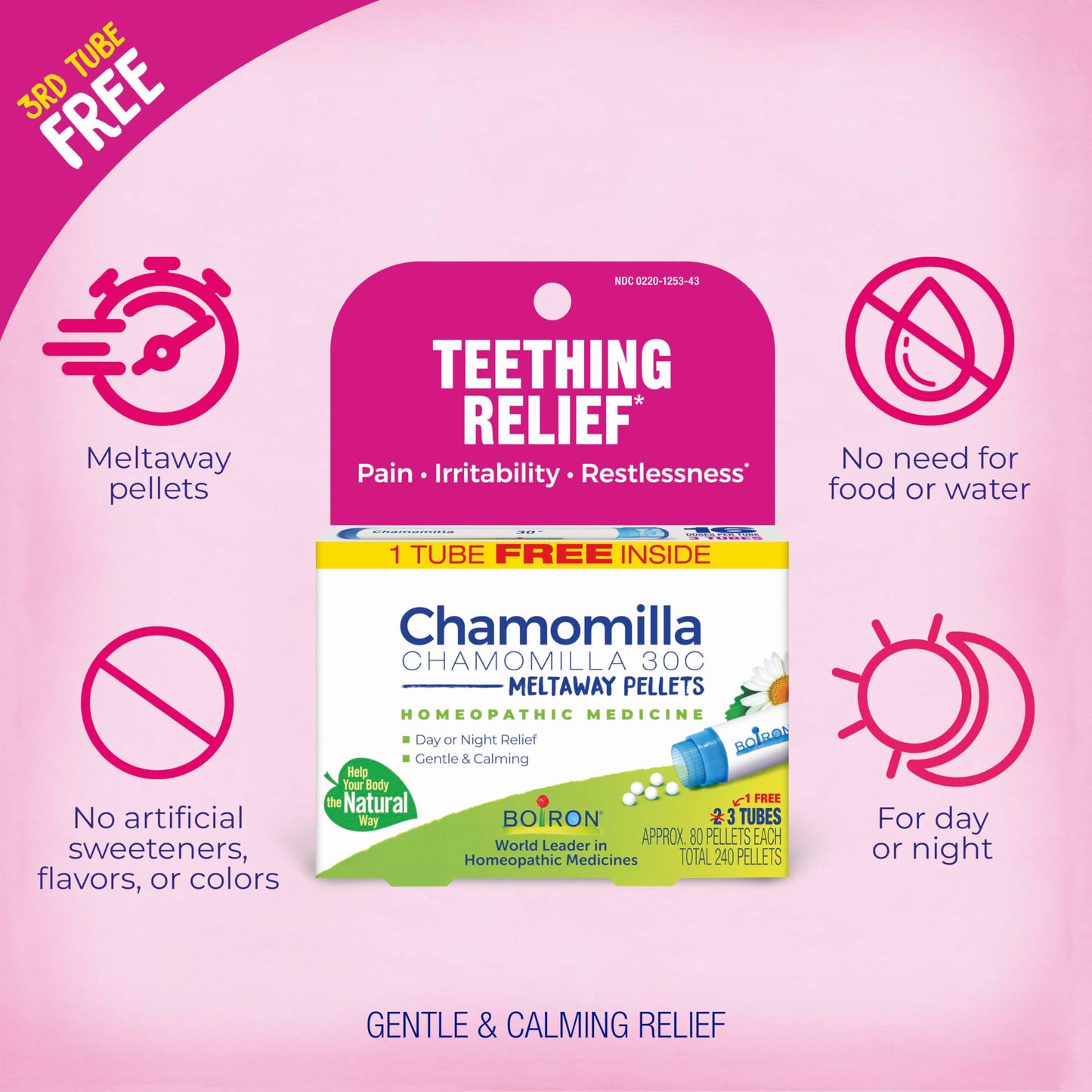 Boiron Chamomilla 30C Teething Relief Pellets - 3 Count (240 Pellets) | Homeopathic Medicine