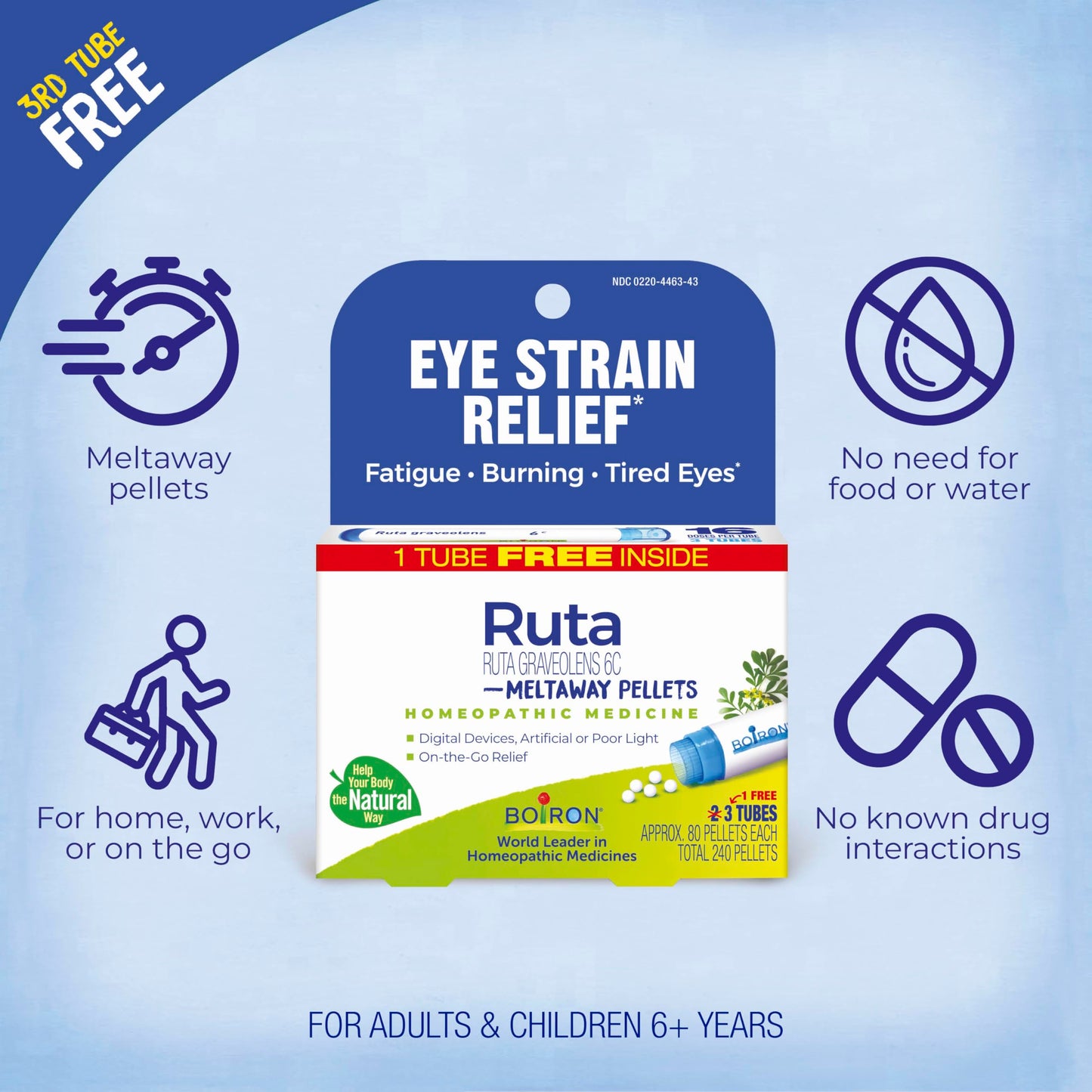 Ruta Graveolens 6C Eye Strain Relief – Boiron Homeopathic Medicine (3-Tube Pack, 240 Pellets)