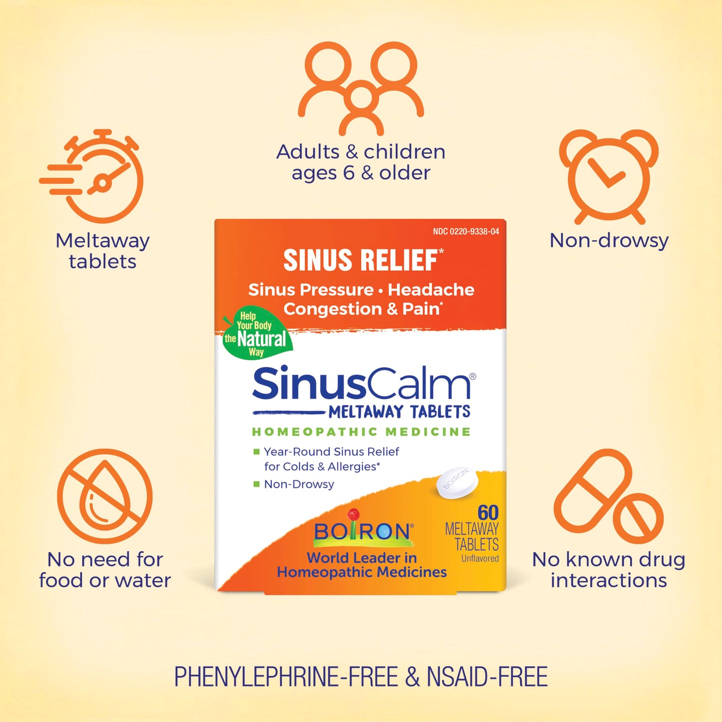 Boiron SinusCalm Tablets – Sinus Pain Relief, 60 Count | Non-Drowsy, Phenylephrine-Free
