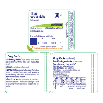 Boiron Thuja Occidentalis 30C Wart Relief Pellets | 80 Pellets - Plant-Powered Homeopathic Medicine