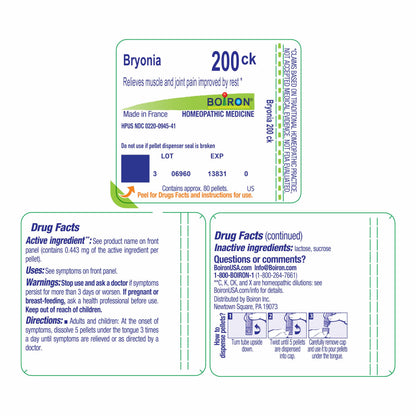 Boiron Bryonia 200Ck - Homeopathic Muscle & Joint Pain, 80 Pellets