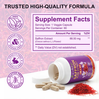 BOIUOITI Saffron Supplements Capsules for Women & Men – 90 Count (88.5 mg per Serving) – Mood, Focus, Energy & Eye Health – Vegan, Non-GMO | 3 Month Supply