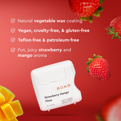 Boka Strawberry Mango Woven Dental Floss – Natural Vegetable Wax, Teflon-Free, 30 Yards (Pack of 2)