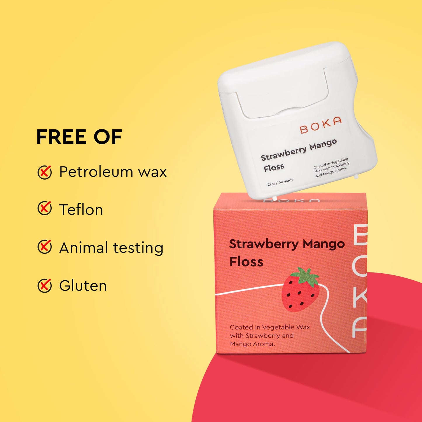 Boka Strawberry Mango Woven Dental Floss – Natural Vegetable Wax, Teflon-Free, 30 Yards (Pack of 2)
