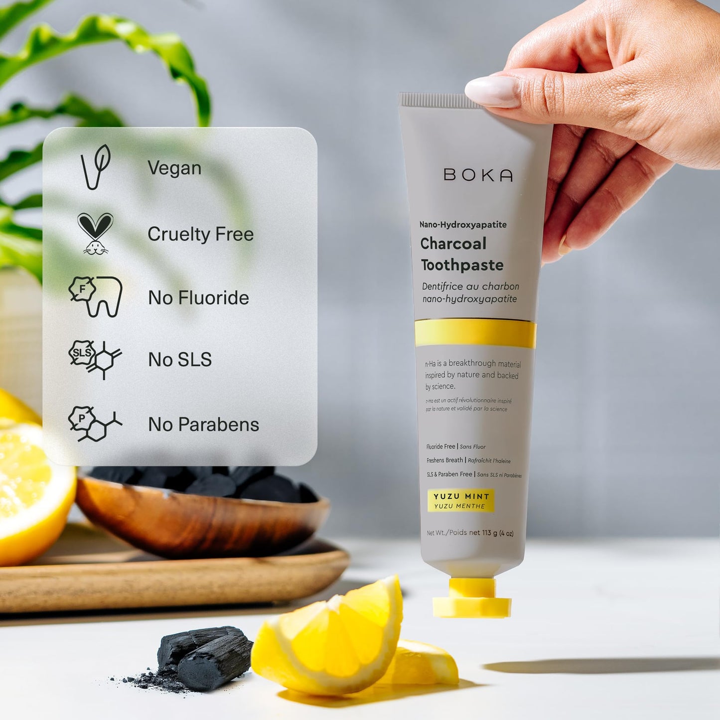 Boka Fluoride Free Toothpaste with Nano-Hydroxyapatite – Charcoal Yuzu Mint, 4 oz 3-Pack