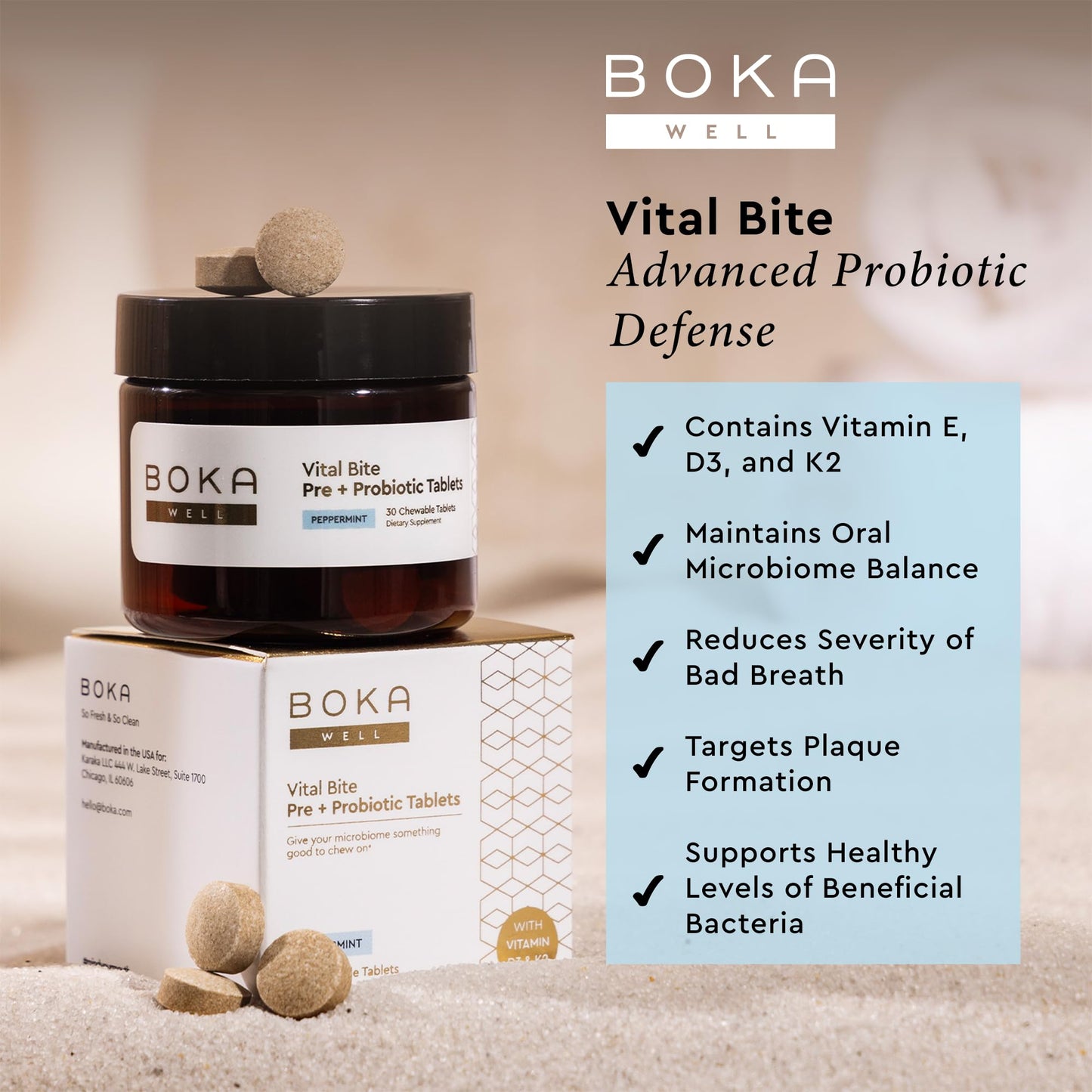 Boka Vital Bite Oral Probiotics with BLIS K12 & Vitamin D3 K2 | Sugar-Free Nut-Free Chewable Dental Probiotics
