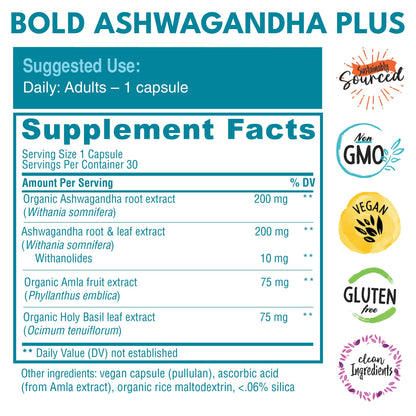 Bold Botanica Ashwagandha Plus – Stress, Mood, Memory & Energy Support | Triple Adaptogenic Formula | 30 Vegan Caps