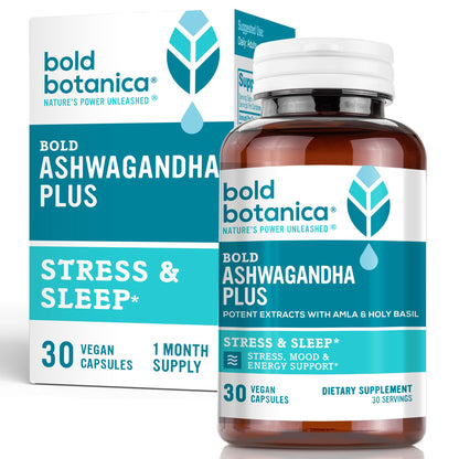 Bold Botanica Ashwagandha Plus – Stress, Mood, Memory & Energy Support | Triple Adaptogenic Formula | 30 Vegan Caps