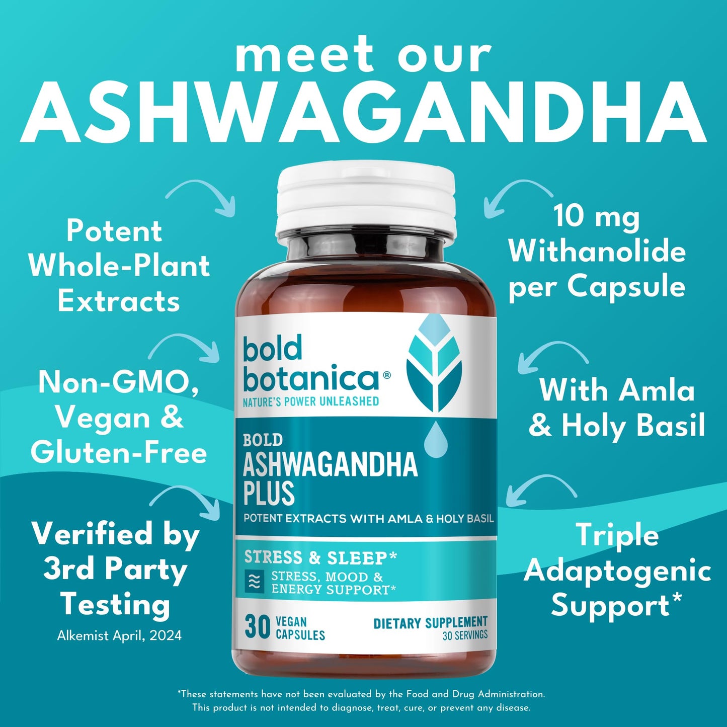 Bold Botanica Ashwagandha Plus – Stress, Mood, Memory & Energy Support | Triple Adaptogenic Formula | 30 Vegan Caps