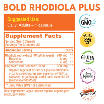 Bold Rhodiola Plus | Siberian Rhodiola Rosea Extract (3% Rosavins, 1% Salidroside) | Adaptogen Supplement