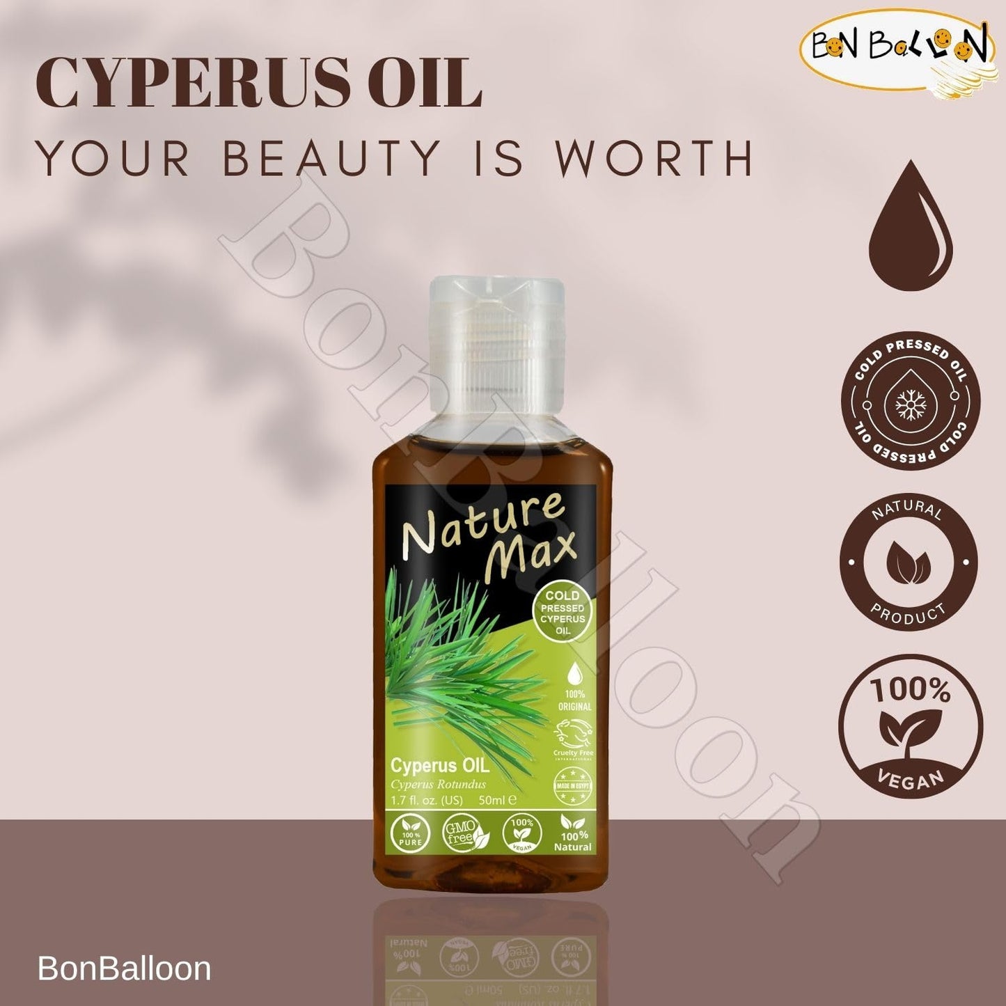 Bonballoon Nature Max Cyperus Oil – Natural Cold-Pressed Egyptian Skin Care Oil, Halal & Non-GMO (50 ml)