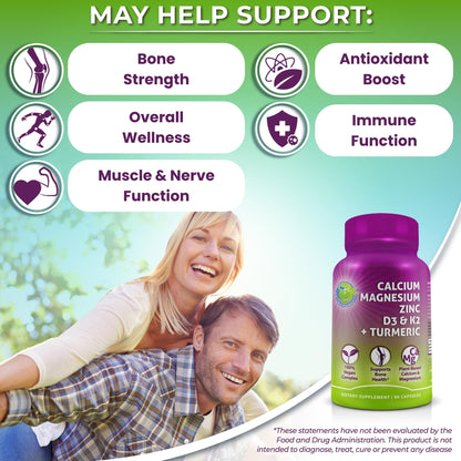 Plant-Based Calcium 500mg (Aquamin) – Vegan CaMgZnD3 + K2, Turmeric (90 ct)