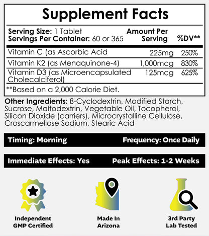 Nootropics Depot Vitamin D3 + K2 with Vitamin C Tablets – 60 Count | Mood & Bone Health