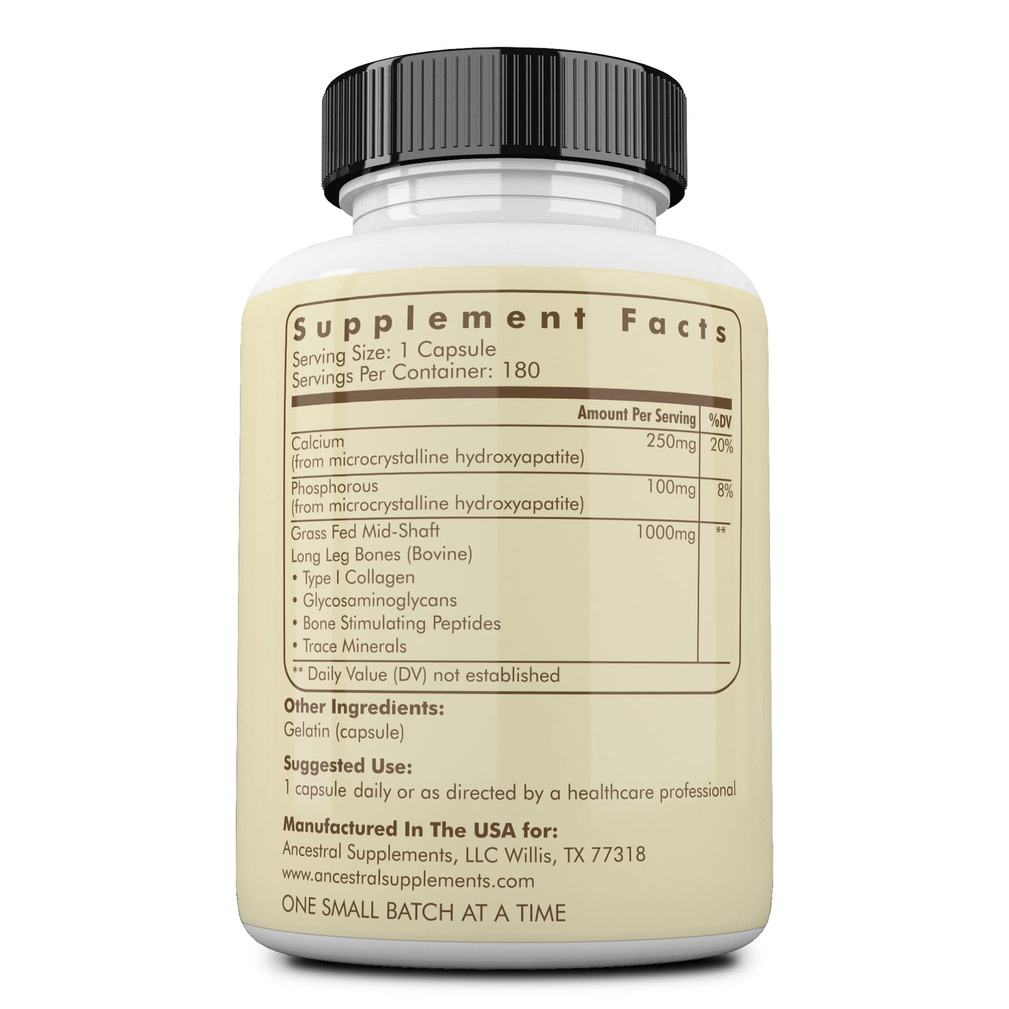 Ancestral Supplements Grass-Fed Beef Living Bone Supplement - Bone Health, Joint Support, Non-GMO, 180 Capsules