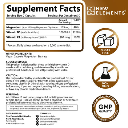 Magnesium Glycinate 1500mg + D3/K2 (10,000 IU) | 60 Vegan Capsules