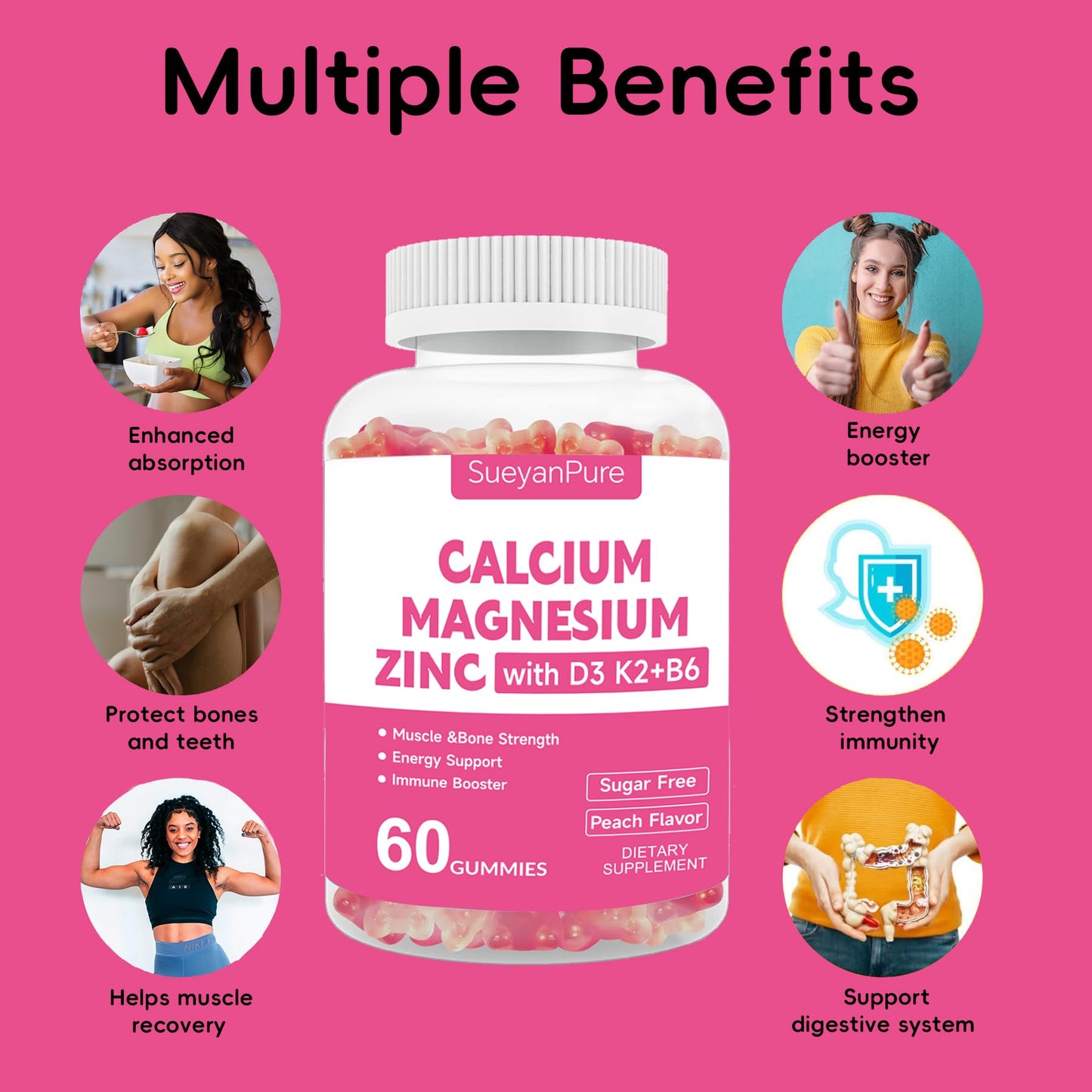Sugar Free Calcium Magnesium Zinc Gummies with Vitamin D3 C B6 K2 – 600mg Calcium, 300mg Magnesium (60 Count)