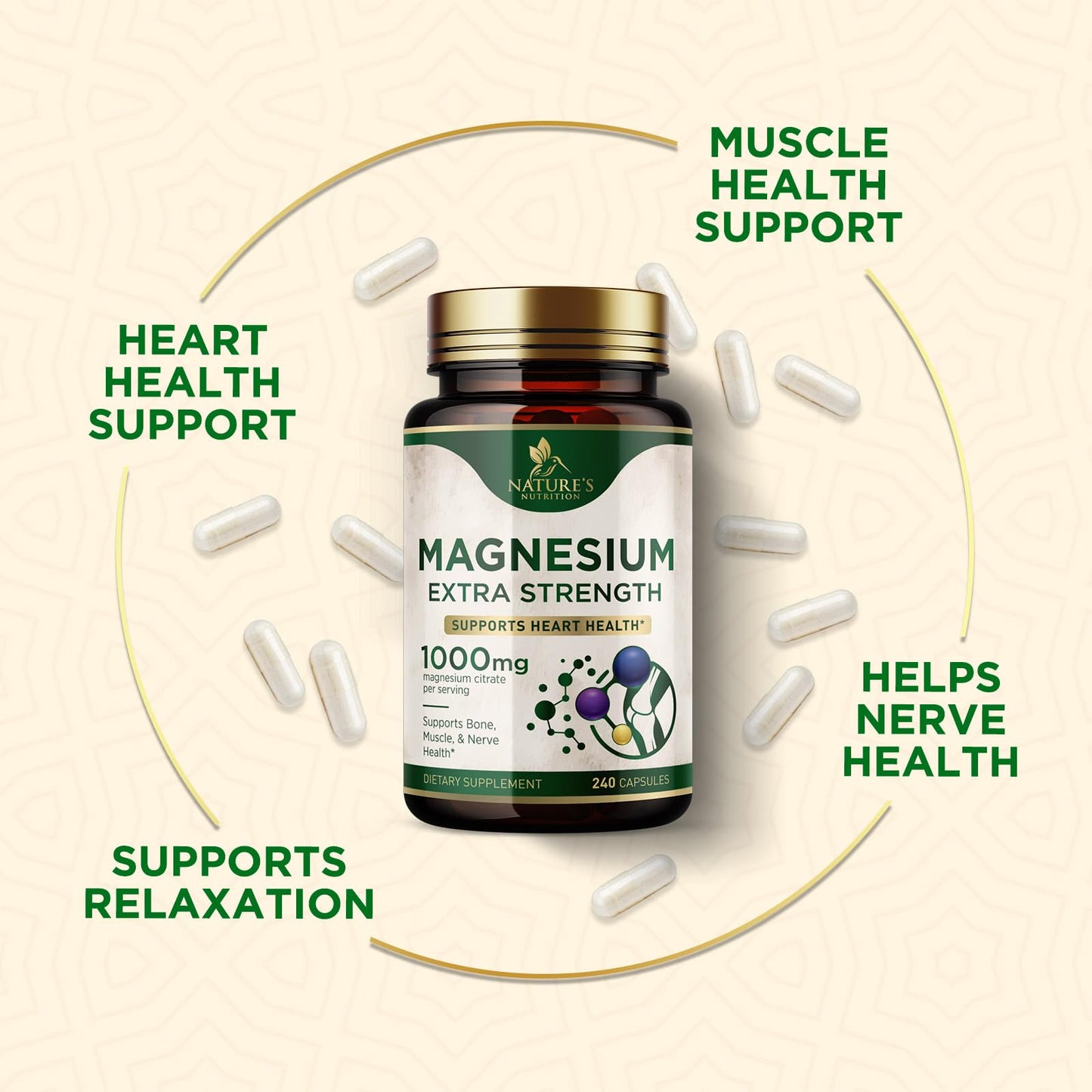Magnesium 1000 mg Citrate - High Potency Mineral Support (Bone, Heart, Nerves & Muscles) - 240 Capsules
