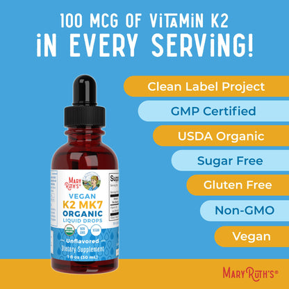 MaryRuth Organics USDA Organic Vitamin K2 MK-7 Liquid Drops – 100 mcg per Serving | Vegan MCT Oil | Bone & Heart Health | 1 oz