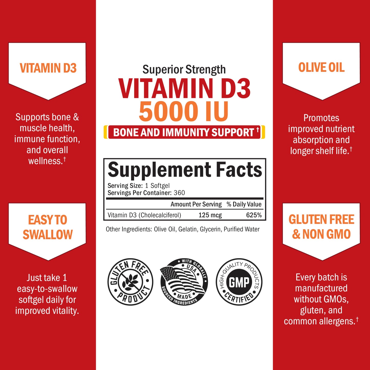 Vitamin D3 5000 IU with Olive Oil - Immune, Bone & Muscle Health