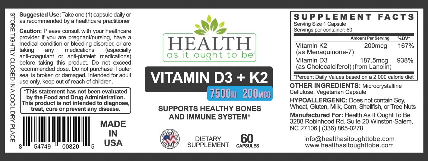 Health As It Ought To Be Vitamin D3 + K2 Supplement – Supports Bones, Heart & Immunity – 60 Capsules