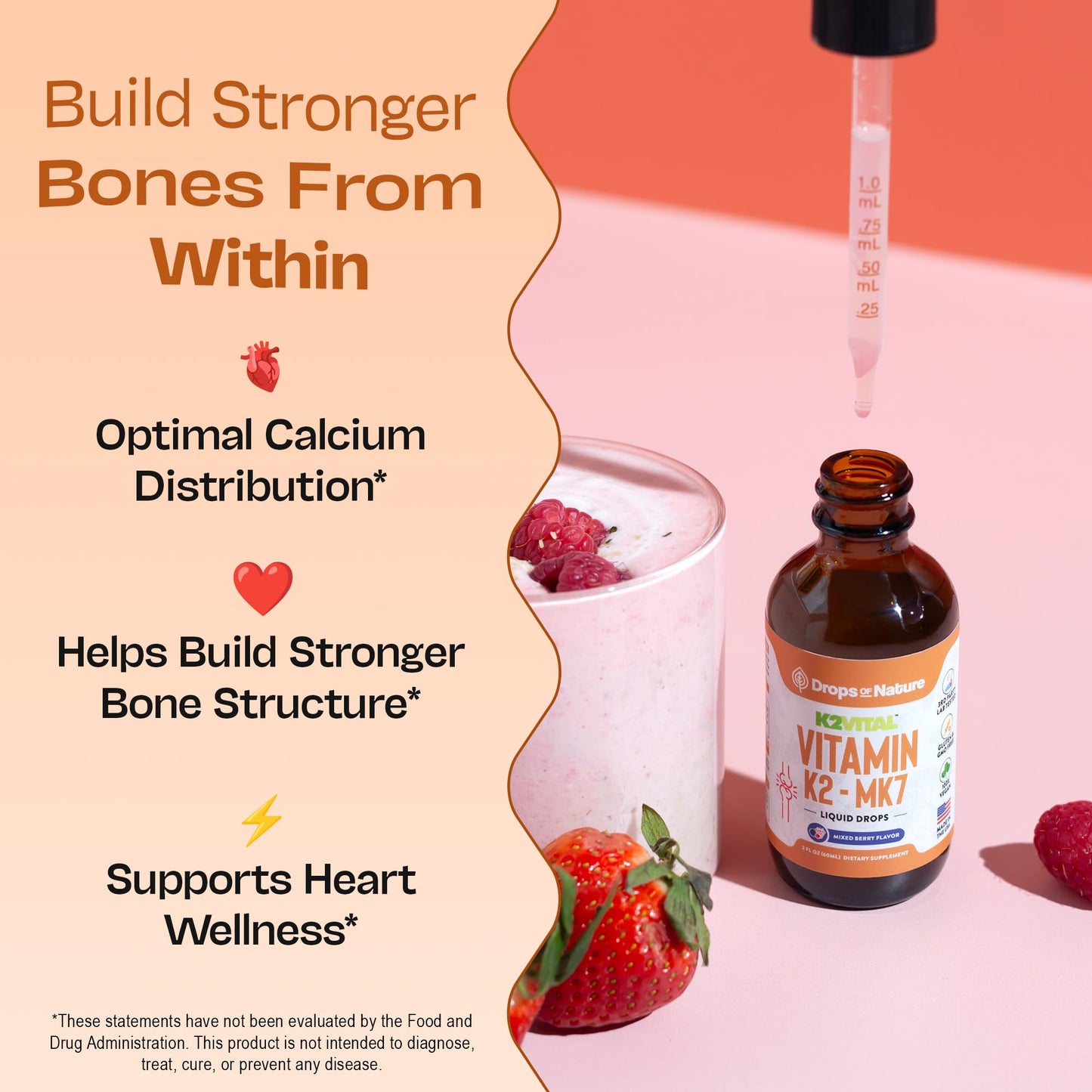 Vitamin K2 MK7 Liquid – 100 mcg, Vegan & Non-GMO, 60ml Berry Flavor | Bone & Cardiovascular Support