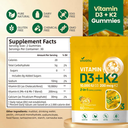 Vitamin D3 K2 Gummies 10000 IU + MK7-200 mcg | 60 Gummies