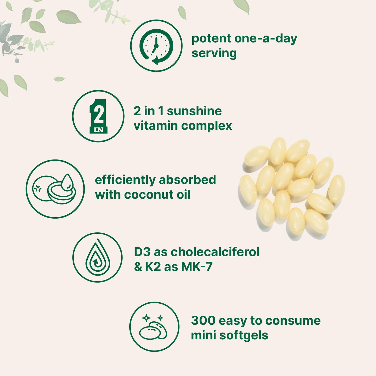 Vitamin D3 5000 IU + K2 MK-7 100 mcg – 300 Softgels, Virgin Coconut Oil