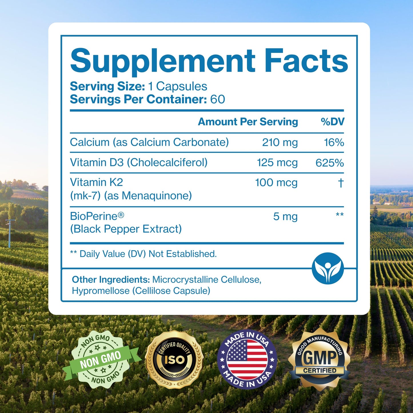 Vitamin D3 K2 MK7 100mcg/5000 IU | Vegan, 60 Caps | Bone, Heart & Immunity