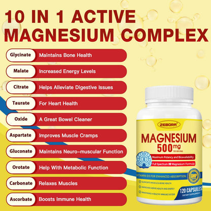 10-in-1 Magnesium Complex 500mg Glycinate, Citrate & Malate - Vitamin D3 & Zinc - 120 Capsules