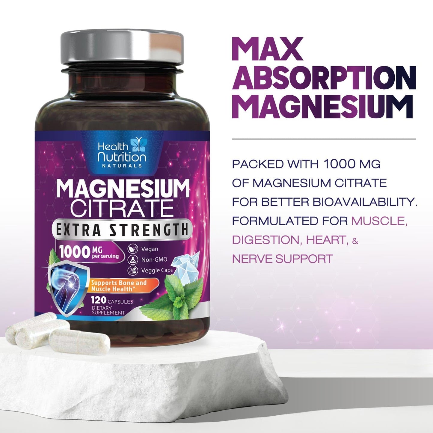 Magnesium Citrate Capsules 1000mg – Max Absorption for Muscle, Nerve, Bone & Heart Health | Gluten Free, Non-GMO | 120 Capsules