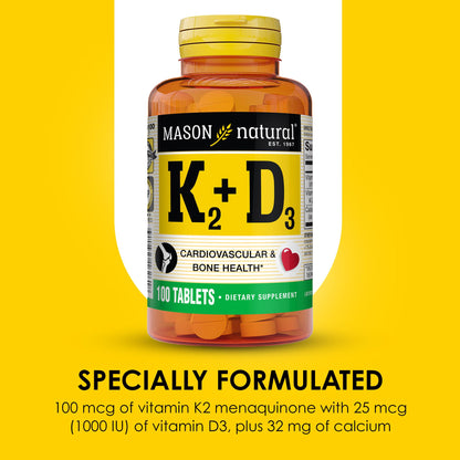 Mason Natural Vitamin K2 + D3 100 mcg / 25 mcg with Calcium | 100 Day Supply | Bone & Muscle Support