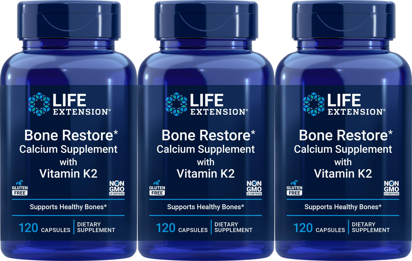 Life Extension Bone Restore Calcium with Vitamin K2 — 120 Capsules (Pack of 3)