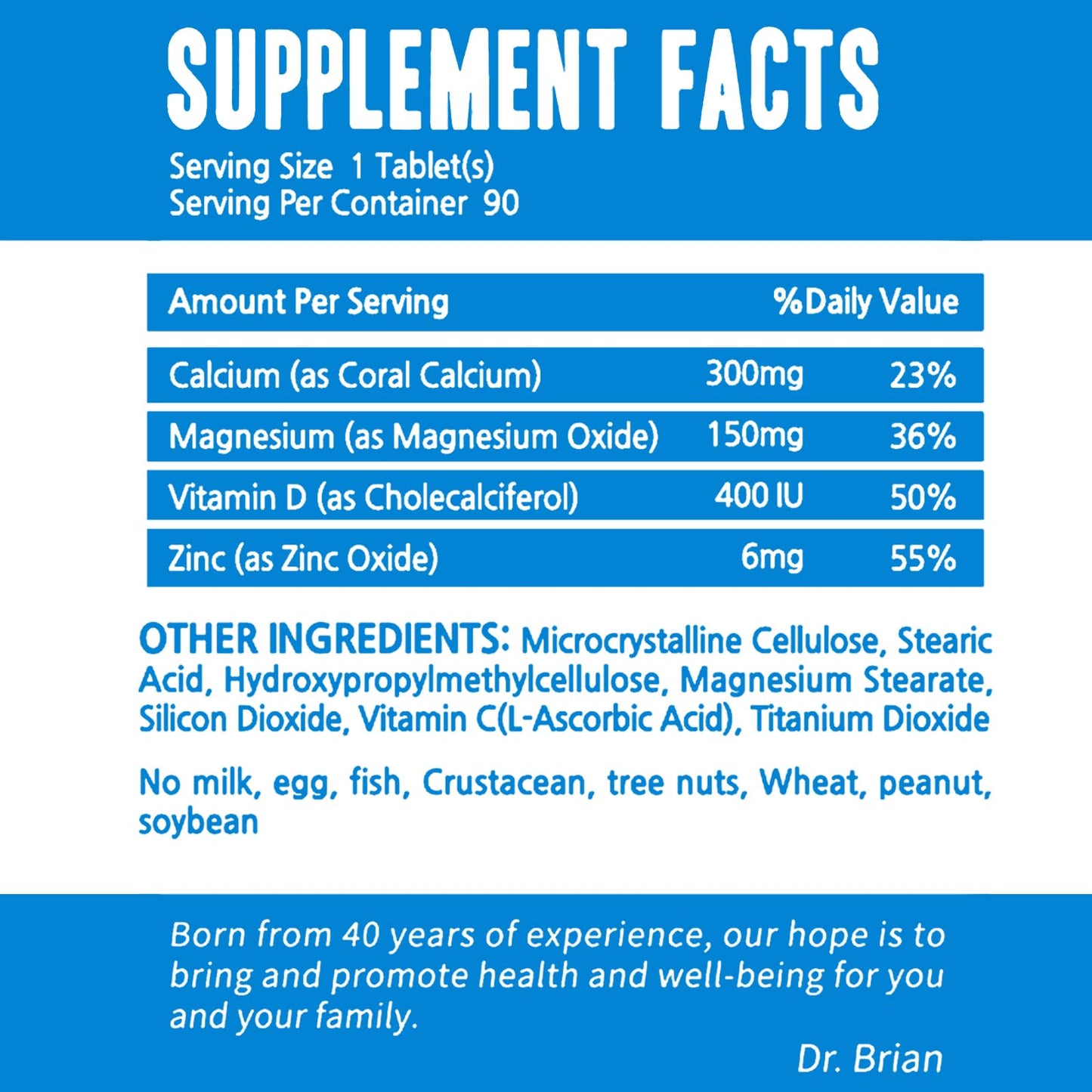 Dr. Brian Calcium Supplement – Bone & Teeth Health, Non-GMO, 90 Tablets