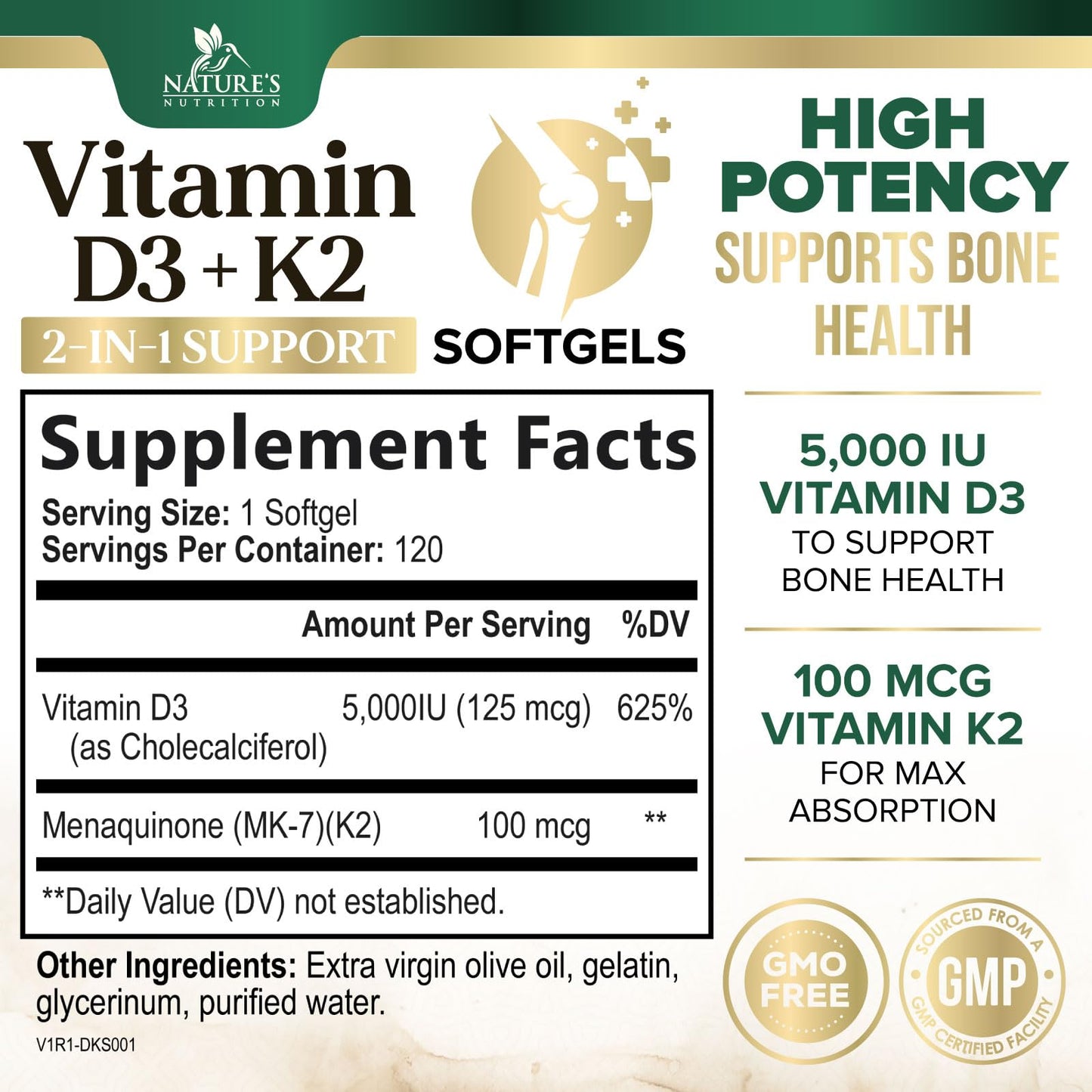 Vitamin D3 K2 5000 IU Plus MK-7 100 mcg – Bone, Immune & Heart Health | 120 Softgels