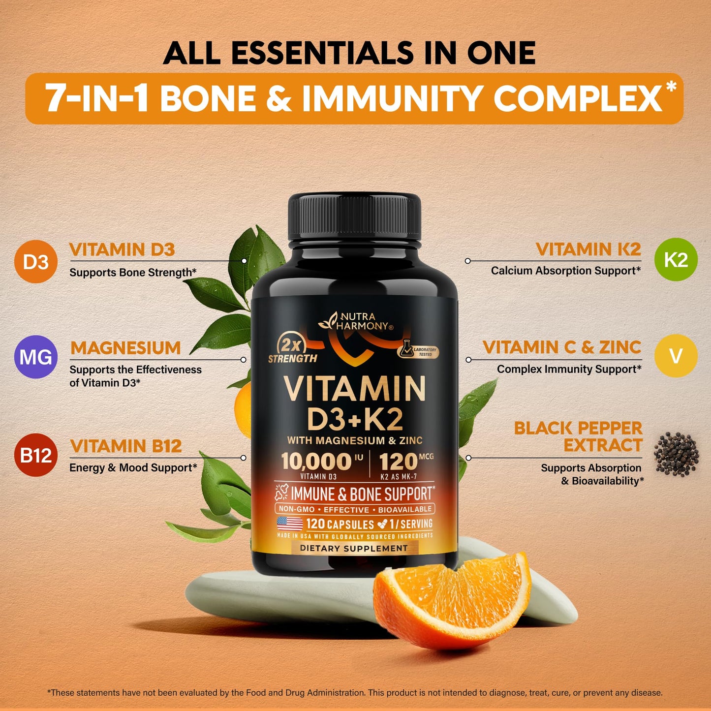 Vitamin D3 10000 IU + K2 MK-7 (120 caps) – Immune & Bone Support