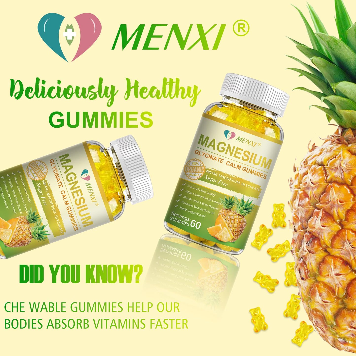 Magnesium Glycinate Gummies 400mg + Taurate, Sugar Free Pineapple - 60 Gummies with Vitamin D, B6, CoQ10 | Sleep & Relaxation
