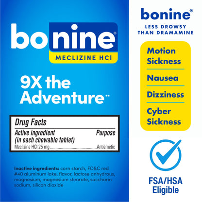 Bonine Non-Drowsy Motion Sickness Relief - 32 Raspberry Chewables (25 mg Meclizine HCl)