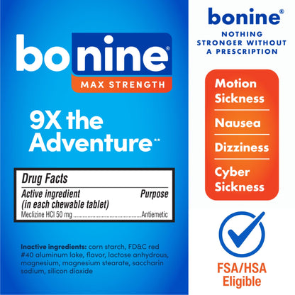 Bonine MAX Chewable 50mg – Motion Sickness Relief, Peppermint, 16 Tablets