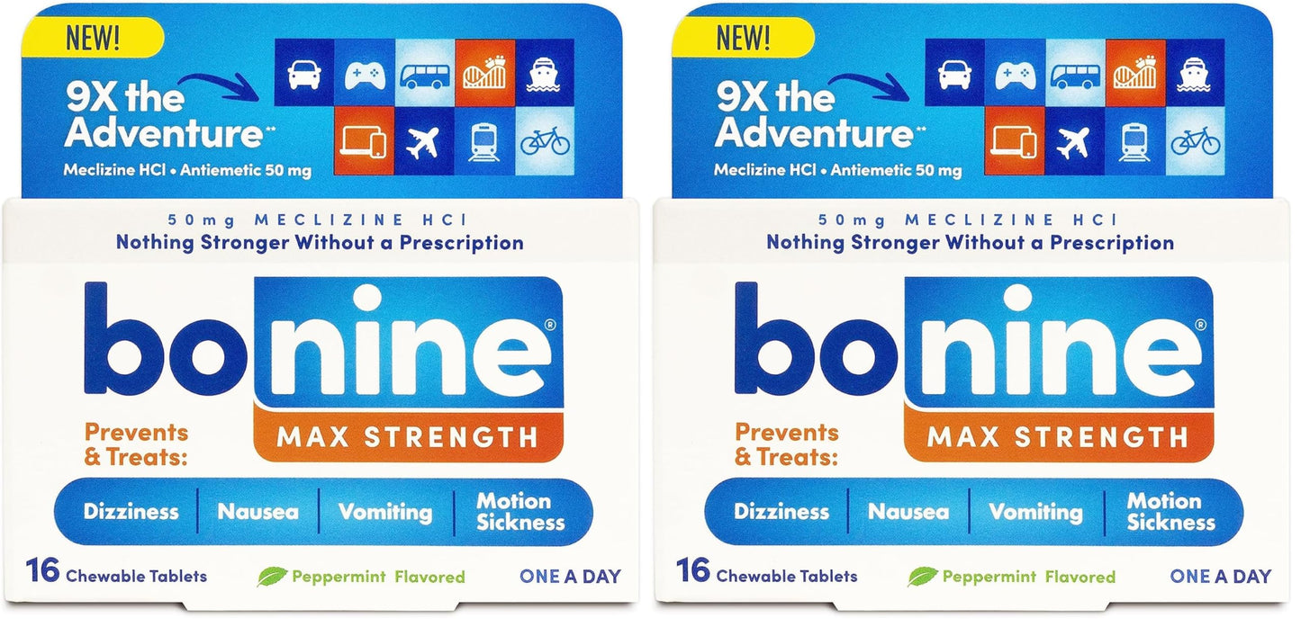 Bonine MAX Chewable for Motion Sickness Relief – Peppermint, 50 mg Meclizine HCl, 32 Chews (Pack of 2)