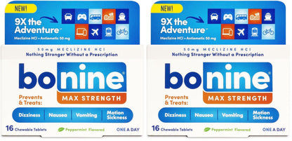 Bonine MAX Chewable for Motion Sickness Relief – Peppermint, 50 mg Meclizine HCl, 32 Chews (Pack of 2)