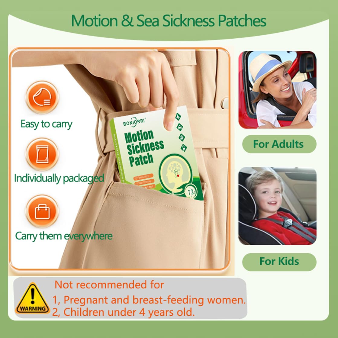 BONIORRI Motion Sickness Patches – Non-Drowsy Behind-Ear Sea Patches (12 Count)