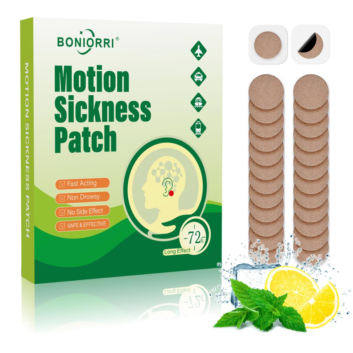 BONIORRI Motion Sickness Patches - Non-Drowsy Sea & Travel Relief (24 Count)