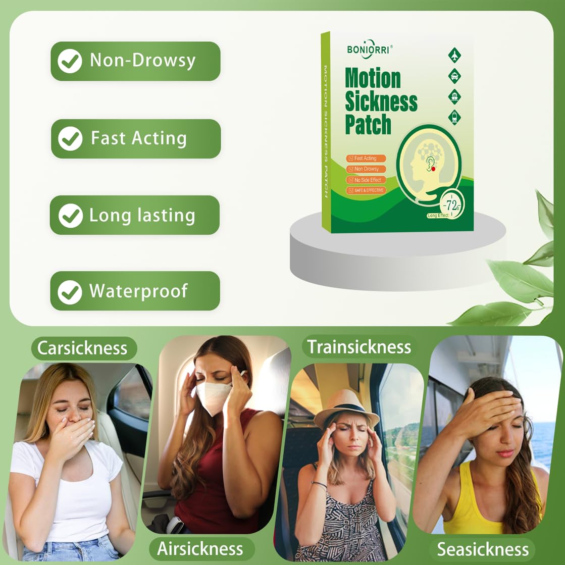 BONIORRI Motion Sickness Patches – Non-Drowsy Behind-Ear Sea Patches (12 Count)