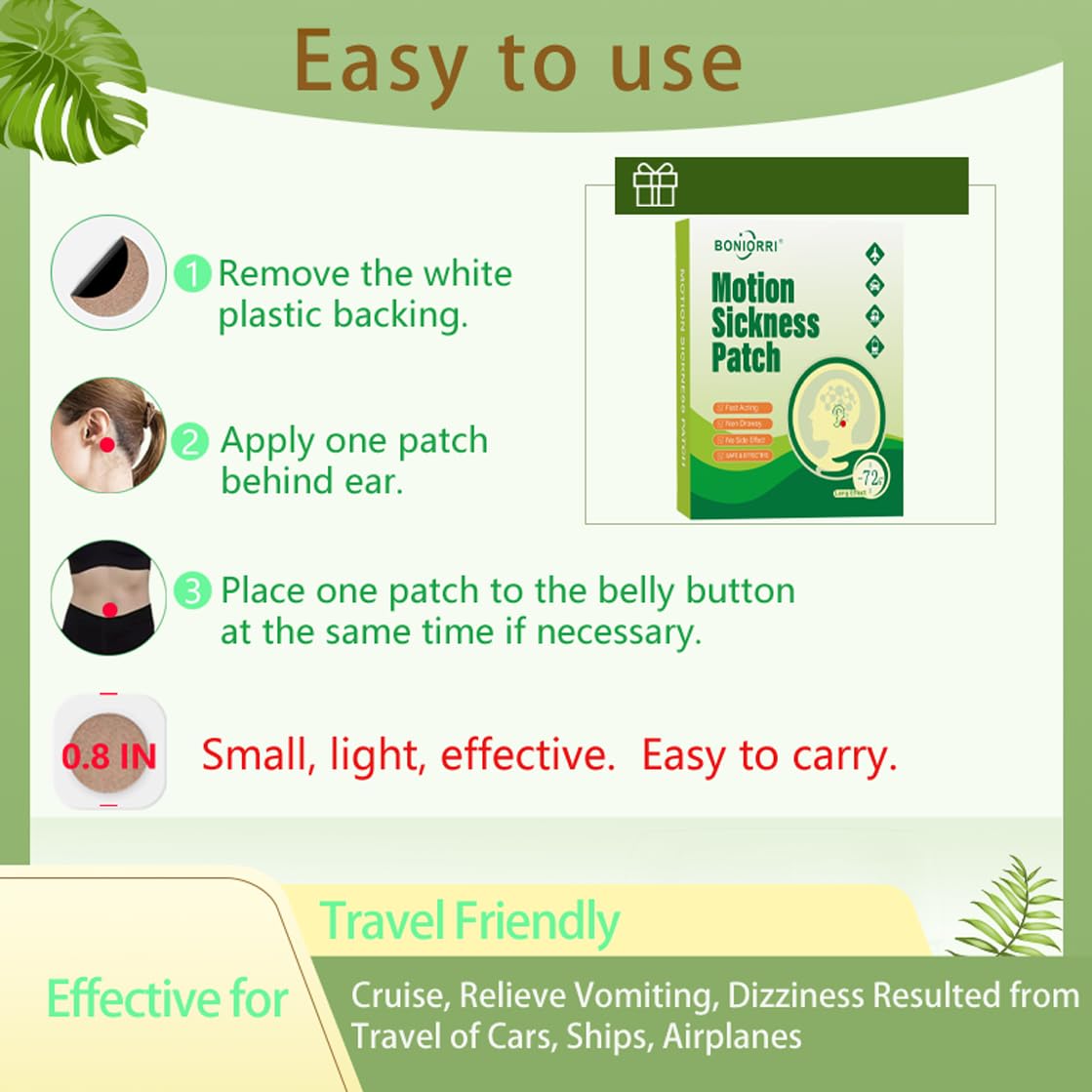BONIORRI Motion Sickness Patches - Non-Drowsy Sea & Travel Relief (24 Count)