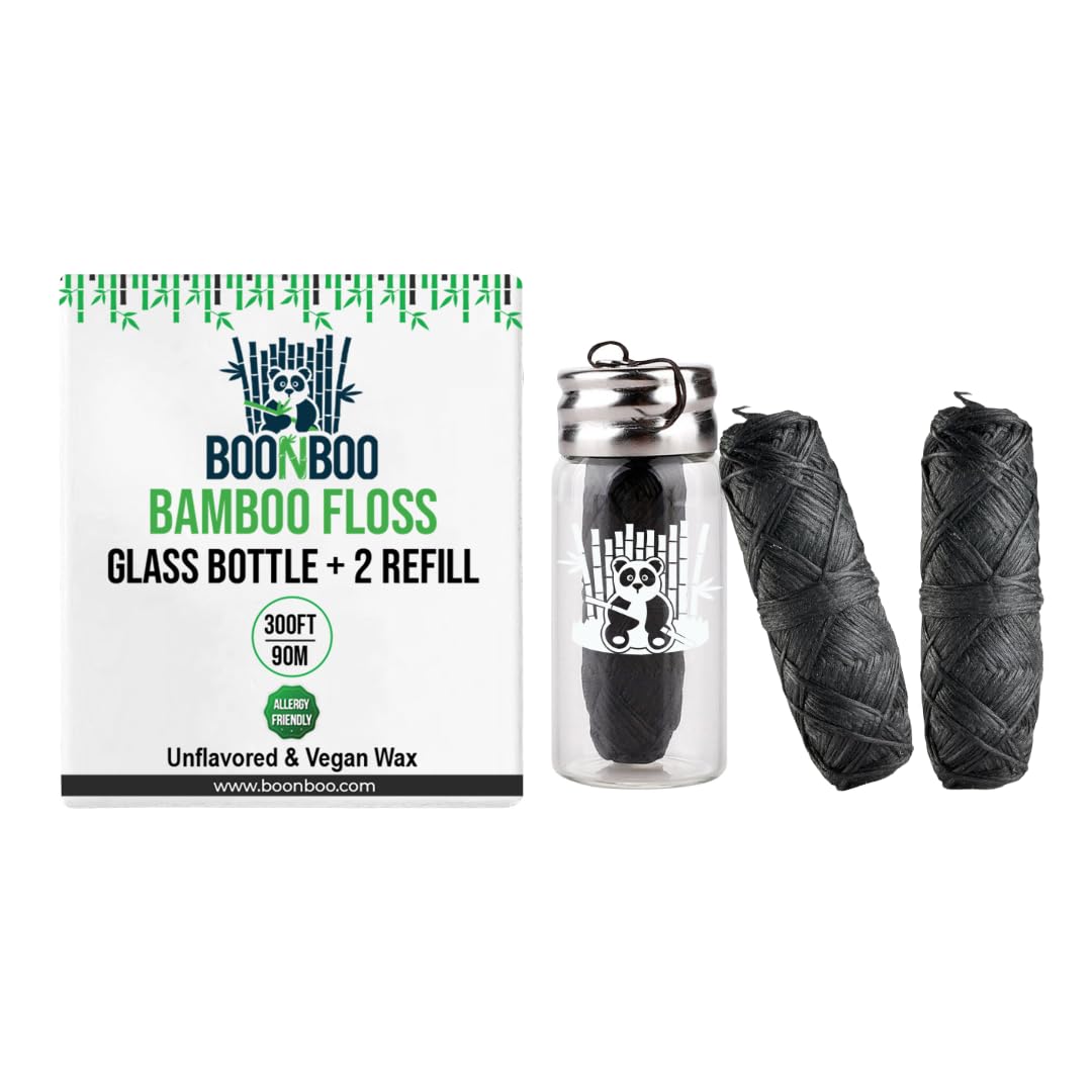 BOONBOO Dental Floss – Charcoal Woven Thread, Glass Bottle, 2 Heads Refill, Unflavored