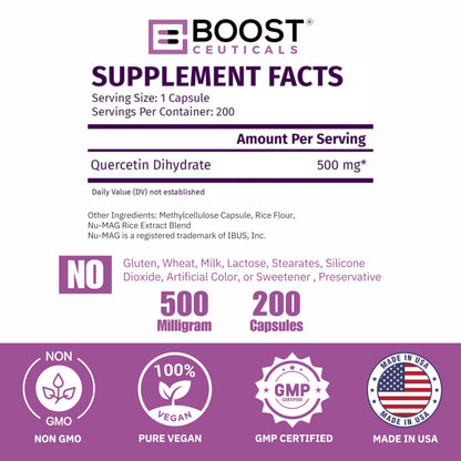 BoostCeuticals Quercetin 200 500mg Vegan Capsules – Gluten Free, Non-GMO