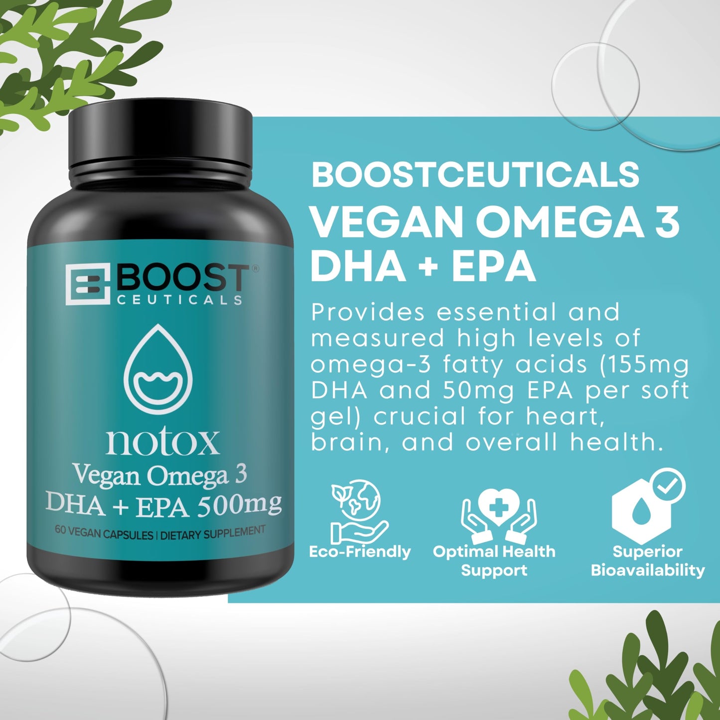 BoostCeuticals Vegan Omega 3 Supplement 500mg DHA EPA Vegan Softgels - No Stearates Non GMO Gluten Free | 60 Ct Heart and Brain Health