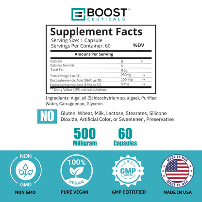 BoostCeuticals Vegan Omega 3 Supplement 500mg DHA EPA Vegan Softgels - No Stearates Non GMO Gluten Free | 60 Ct Heart and Brain Health