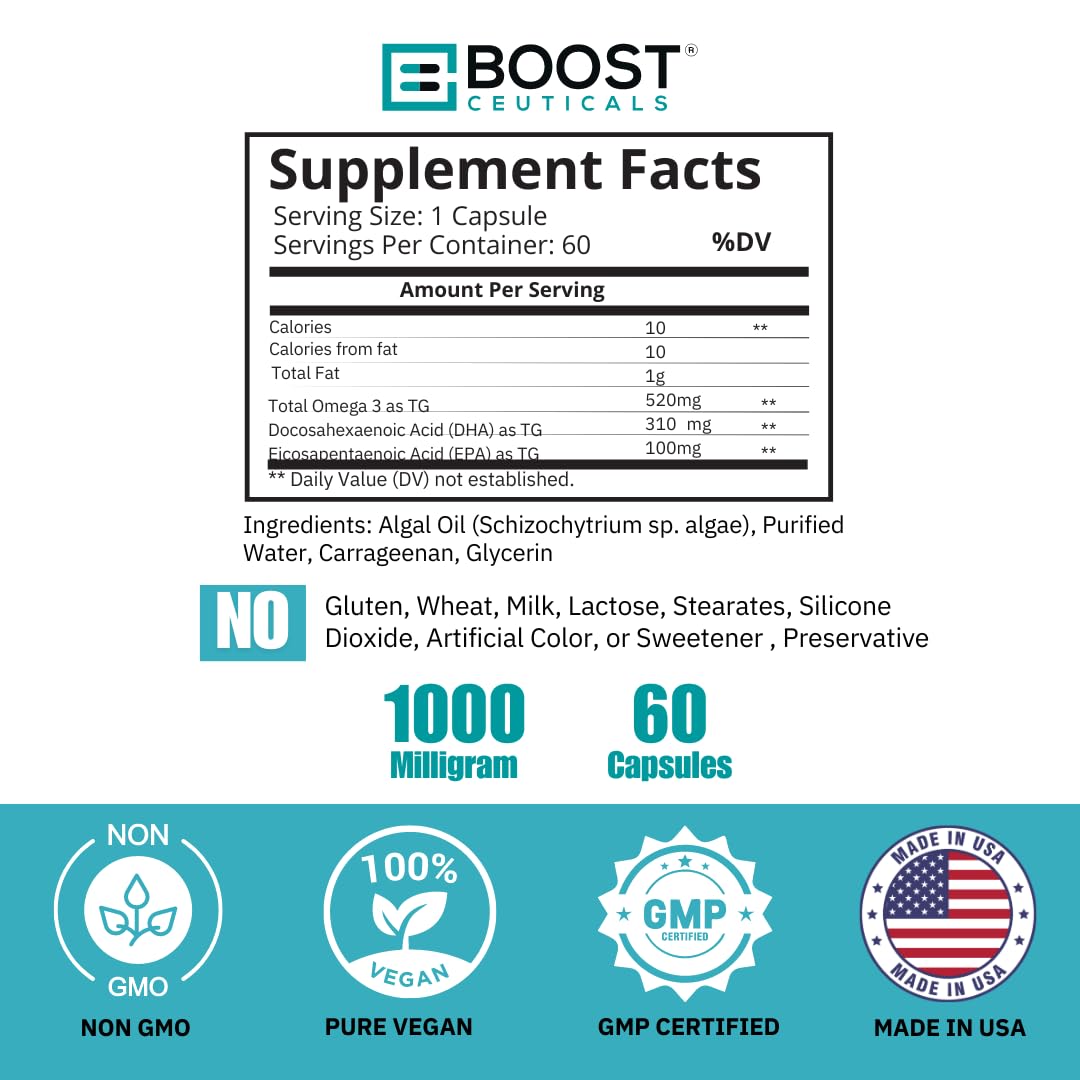 BoostCeuticals Vegan Omega-3 1000mg | Plant-Based Algae, Non-GMO, Gluten Free | 60 Ct